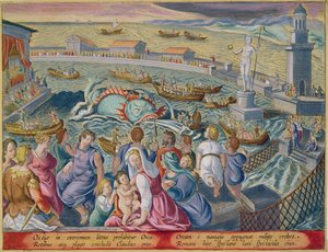 Jan Collaertによって刻まれたオスティアの海洋エンクロージャーのスペクタクル中にボートを攻撃する海の怪物、 &39;Venationes Ferarum、Avium、Piscium&39;（狩猟：野獣、鳥、魚）の彫刻 作： Jan van der Straet